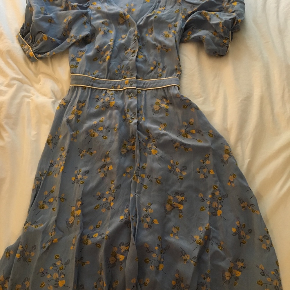 Blue Floral Button-Front Midi Dress